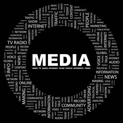 MEDIA. Collage with association terms on black background.